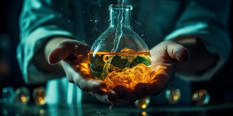 Researchera??s hand holding a flask with bubbling liquid in a chemistry lab.