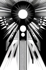 Poster - Abstract black and white geometric design with a central sunburst pattern.