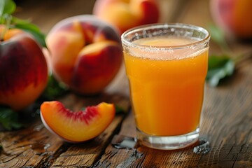 Wall Mural - Refreshing Peach Juice Surrounded by Juicy Peaches on a Rustic Wooden Table