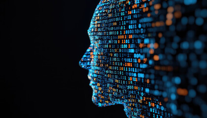 Abstract representation of a digital human head composed of glowing binary code against a dark background.