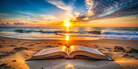  a serene beach scene at sunrise with a Bible lying open to a page with the word 