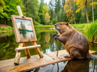 A beaver proudly stands on a log easel, brush in paw, creating a masterpiece of a forest with trees and streams.