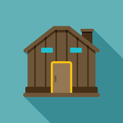 Poster - Small wooden house with chimney casting long shadow is isolated on blue background