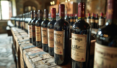 A row of wine bottles . The bottles are lined up on a wooden table