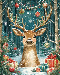 Wall Mural - smiling reindeer surrounded by a winter xmas woodland scene painted