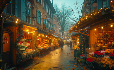 A street with a lot of Christmas decorations and people walking around. Scene is festive and lively