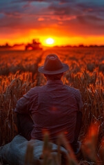 Wall Mural - A man is sitting in a field with a hat on and the sun is setting. The sky is orange and the sun is low in the sky.