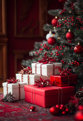 A Christmas tree with a stack of white and red boxes on the floor. The boxes are decorated with red ribbons and flowers