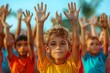 © Valentin - Joyful Children Raising Their Hands in a Colorful Outdoor Setting