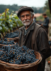 Wall Mural - A man wearing a hat and a jacket is holding a basket of grapes. The grapes are ripe and ready to be picked