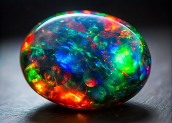 A mesmerizing photograph showcases the breathtaking beauty of a black opal gemstone, abounding in deep reds, greens, and blues that seem to shift and shimmer in the light.