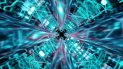 Wall Mural - Abstract background 3D animation moving through shiny glass metal and neon lights tunnel, loop