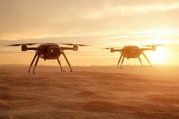 Poster - Two Futuristic Drones Flying Over a Desert Landscape at Sunset