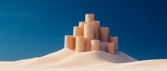 Wall Mural - Massive sandcastle with a medieval fortress design, rising from the dunes under a deep blue sky