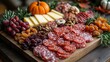 © ThuyTrang - A beautifully arranged autumn charcuterie board featuring fall-inspired cheeses, cured meats, dried fruits, and nuts, styled with seasonal decorations like mini pumpkins, autumn leaves,