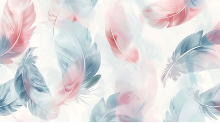 a seamless pattern of stylized feathers in soft pastel tones, floating across a light background, cr