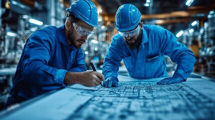 Blueprints for Success: Two skilled industrial workers huddle over blueprints in a bustling factory, their focused expressions and meticulous work highlighting the dedication and precision.