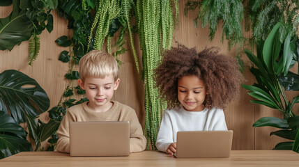 Two attentive primary school children of various ethnicities sit together at a table