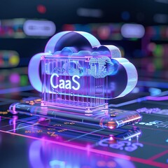 Holographic cloud and digital interface depicting Container-as-a-Service (CaaS) technology in vibrant neon colors.