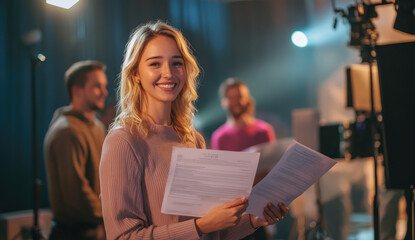 Canvas Print - A female blonde influencer with short hair smiling and holding papers in her hand, standing on the set of an overly exaggerated commercial.