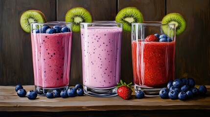 Oil painting depicting delicious strawberry blueberry and kiwi smoothies in a glass showcasing a healthy beverage experience against a wooden backdrop