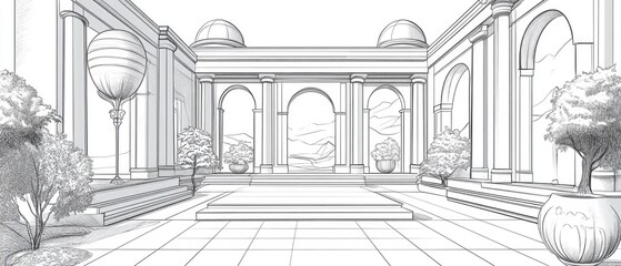 Line art depiction of architectural design in a three dimensional style