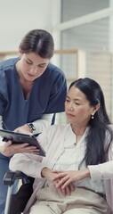 Poster - Elderly woman, tablet and wheelchair for nurse, consulting and medical results in hospital with advice. Senior care, tech and nursing in clinic for healthcare, discussion and person with a disability