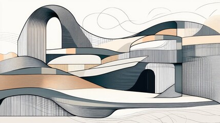 Line art illustration depicting an abstract structure featuring a three dimensional architectural design
