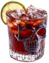 A striking skull-shaped glass filled with ice and a dark drink, garnished with a lime slice, Day of the dead. Dia de los muertos mexican festival. cut out, PNG, transparent on white background.