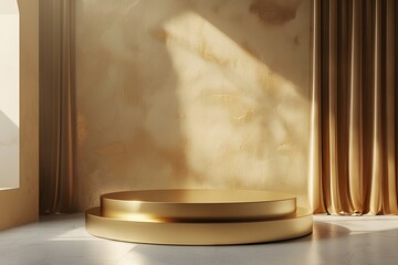 Canvas Print - Elegant Golden Stage with Soft Lighting and Draped Curtains