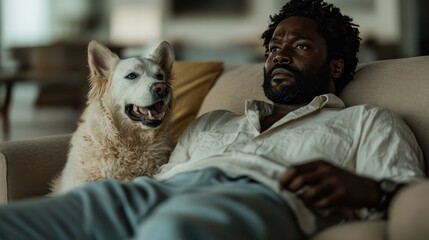 A man and his dog share a quiet and peaceful moment on a couch, with the man dressed in a casual shirt and the dog looking attentive and content, in a homely setting.