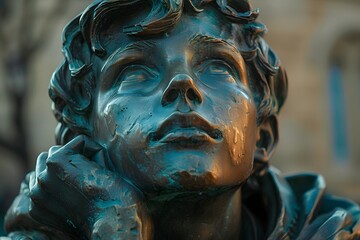 Sticker - Captivating Bronze Sculpture of a Thoughtful Boy Gazing Upward