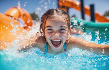 Canvas Print - A girl is sliding down the waterslide on her back, with water splashing around