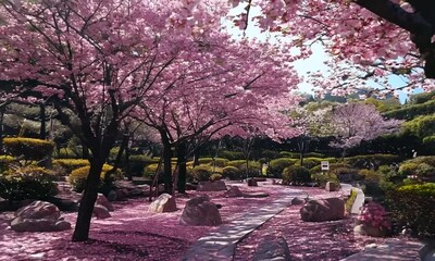 Wall Mural - Serene Japanese garden with blossoming cherry tree and a small bridge over a calm pond. Pink petals, reflections in the water, lush greenery, peaceful atmosphere, traditional landscape. Generative Ai