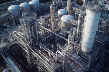 Aerial View of an Industrial Complex with Numerous Pipes and Tanks