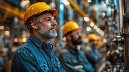 Wall Mural - Industrial Expertise: A team of skilled engineers wearing hard hats and safety glasses stand confidently in a manufacturing facility, reflecting their commitment to quality and precision.