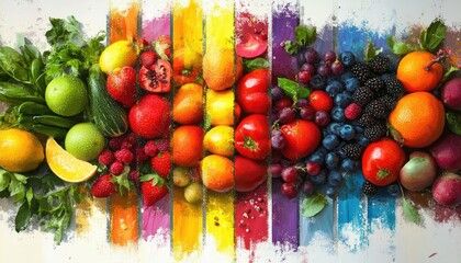 Wall Mural - Collage of vibrant fruits vegetables and berries on a white background showcasing a rainbow of fresh produce in an artistic oil painting style