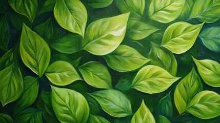 Wall Mural - Oil painting showcasing the intricate texture of green leaves ideal for background use and nature themed designs