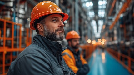 Wall Mural - Industrial Visionary: A confident industrial worker in a hard hat and workwear, gazing thoughtfully into the distance of a bustling factory setting, reflecting on progress and the future of industry. 