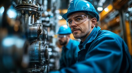 Wall Mural - Industrial Expertise: A focused worker, clad in blue overalls and a hard hat, examines machinery with a determined gaze. The image captures the precision and dedication required in industrial settings