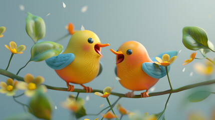 Canvas Print - Singing Birds spring element icon 3D Cartoon