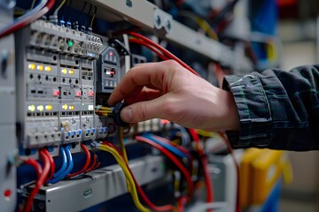 Wall Mural - Technician Adjusting Electrical Control Panel with Colorful Wiring