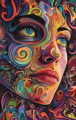 Wall Mural - 45. **Psychedelic face art featuring a human face surrounded by swirling, vibrant patterns and color gradients**