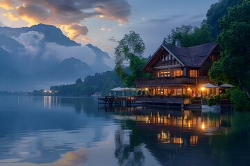 Wall Mural - Serene Lakeside Retreat at Dusk with Mountain Backdrop