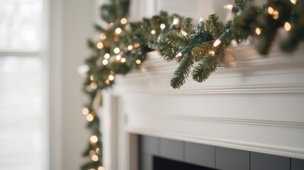 Wall Mural - Christmas garlands draped over a fireplace mantle, glowing with lights