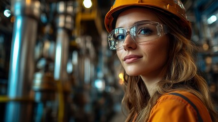 Confident Engineer: A female engineer, clad in an orange jumpsuit and safety glasses, confidently gazes towards the camera, showcasing her expertise and dedication within a bustling industrial setting