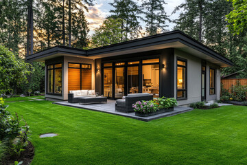 Wall Mural - the exterior front view of an off-grid modern farmhouse-style home with concrete pavers on very short green grass, large windows, and patio furniture in the background.