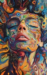 Wall Mural - 32. **Vivid portrait with a human face surrounded by swirling, energetic patterns and colors**