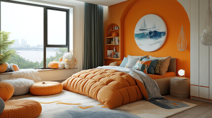 Orange walls children room, featuring a playful and lively children's room with orange walls, decorated with fun and imaginative elements to create a joyful space