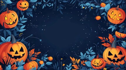 Wall Mural - Halloween Jack O Lantern Pumpkin Frame With Blue Leaves